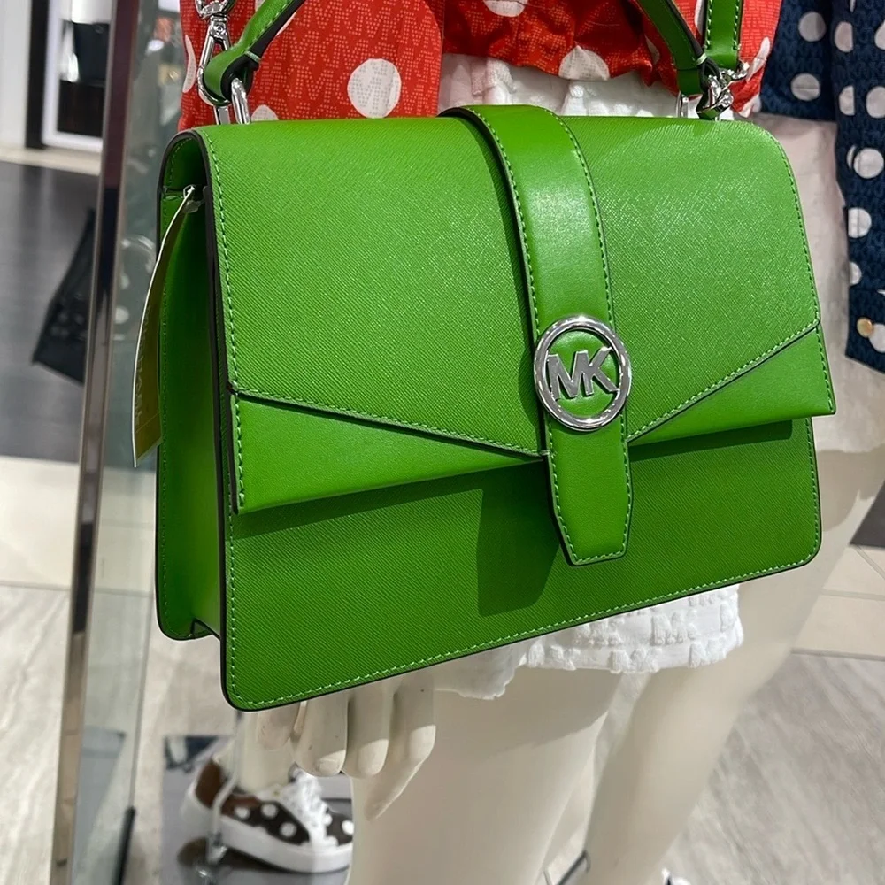 Michael Kors Greenwich Md Saffiano Leather Satchel Crossbody Shoulder Jungle Gre